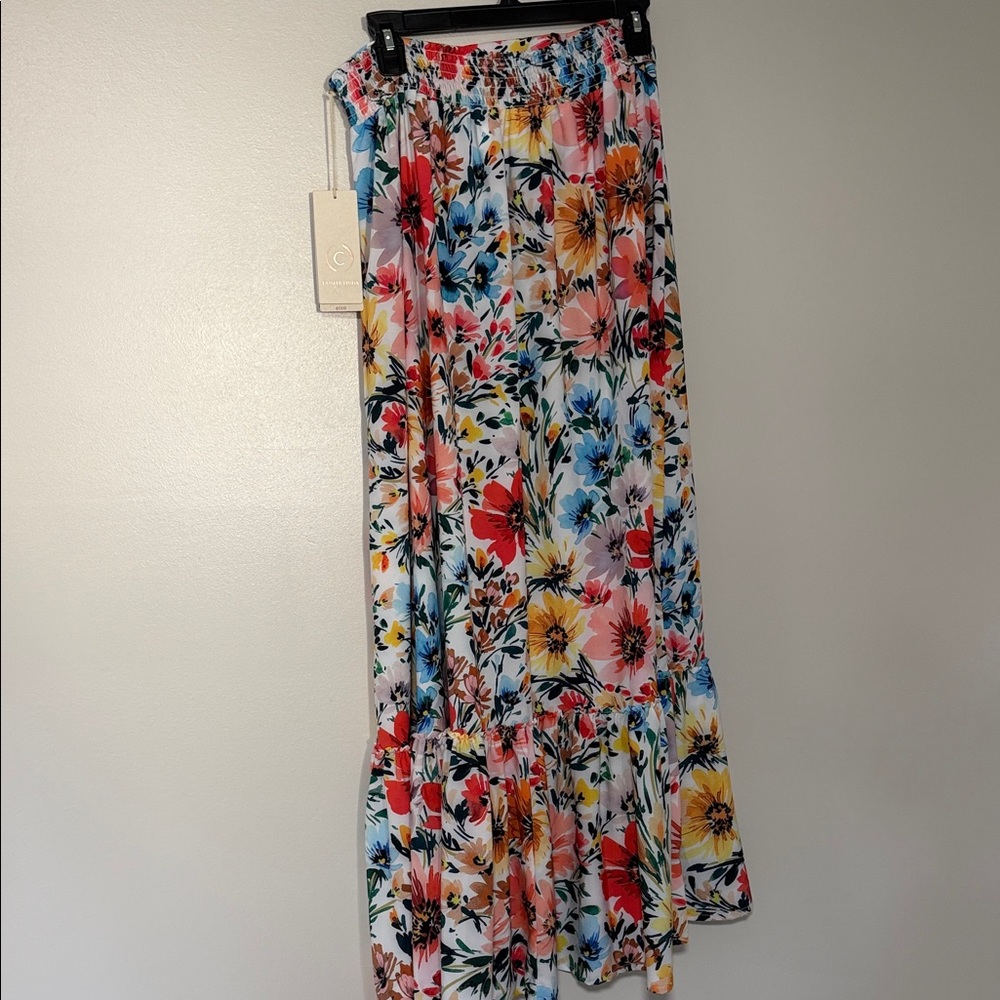 Bright Floral White Tiered Maxi Skirt